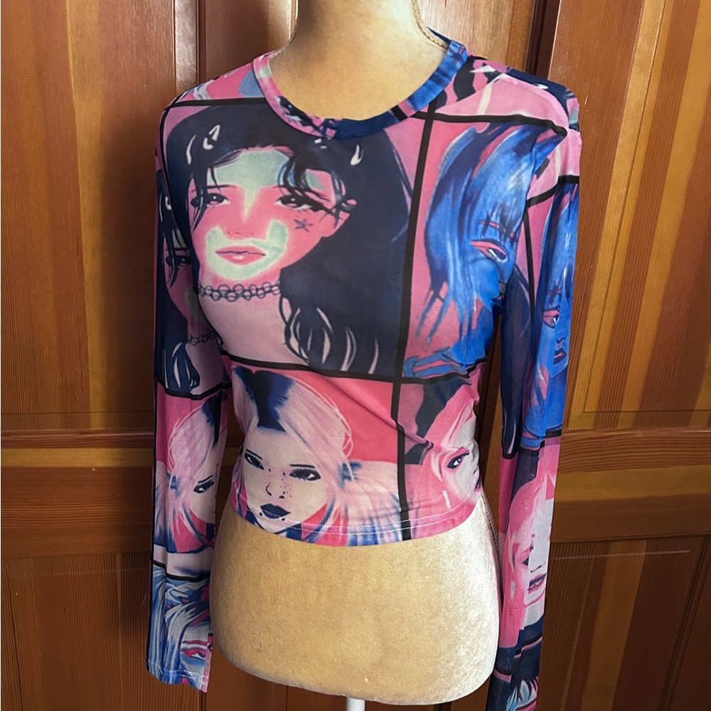 NWT, Women’s Lavishly Paris Figure Graphic Crop Mesh Top